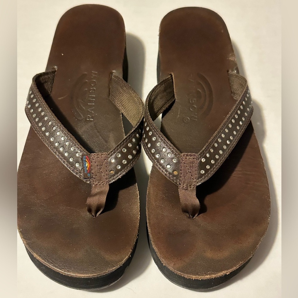 Rainbow Brown Studded Flip Flops , size 7.5 to 8.5